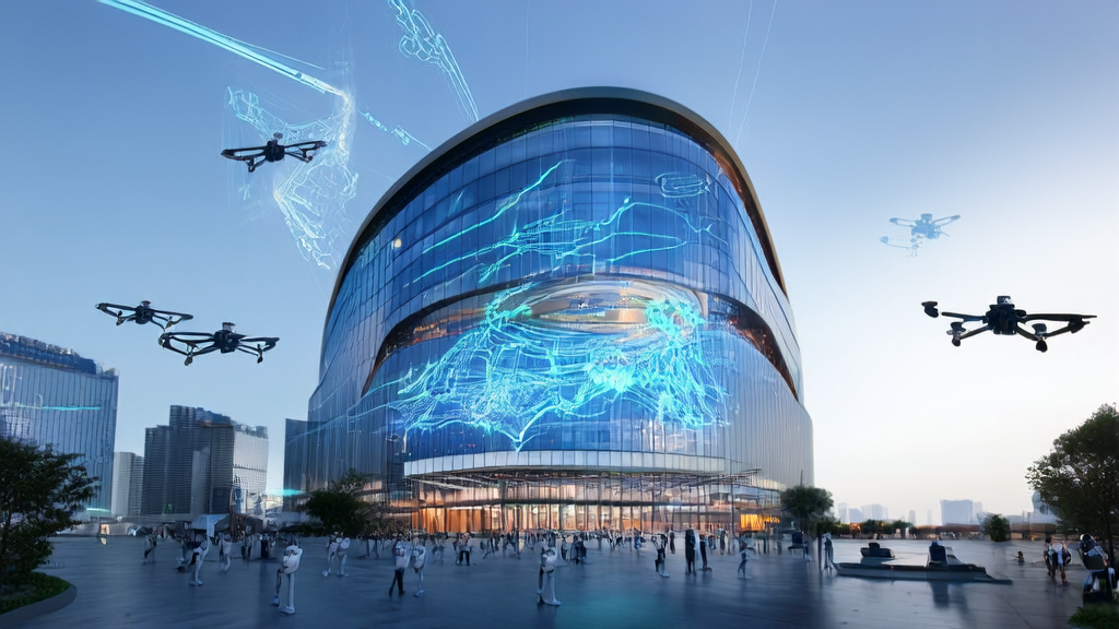 Headquarters of a cross-border e-commerce company in a futuristic cityscape, showcasing AI technology and efficient logistics system