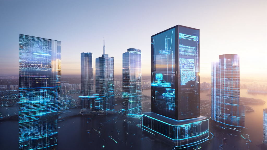 Future city skyline with an independent site office running AI algorithms, showcasing the transformation of acquisition methods by AI technology