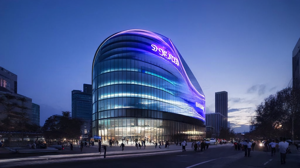 A modern office building with the neon sign of Alibaba Tongyi Qwen in a futuristic city skyline, showcasing AI applications in cross-border e-commerce