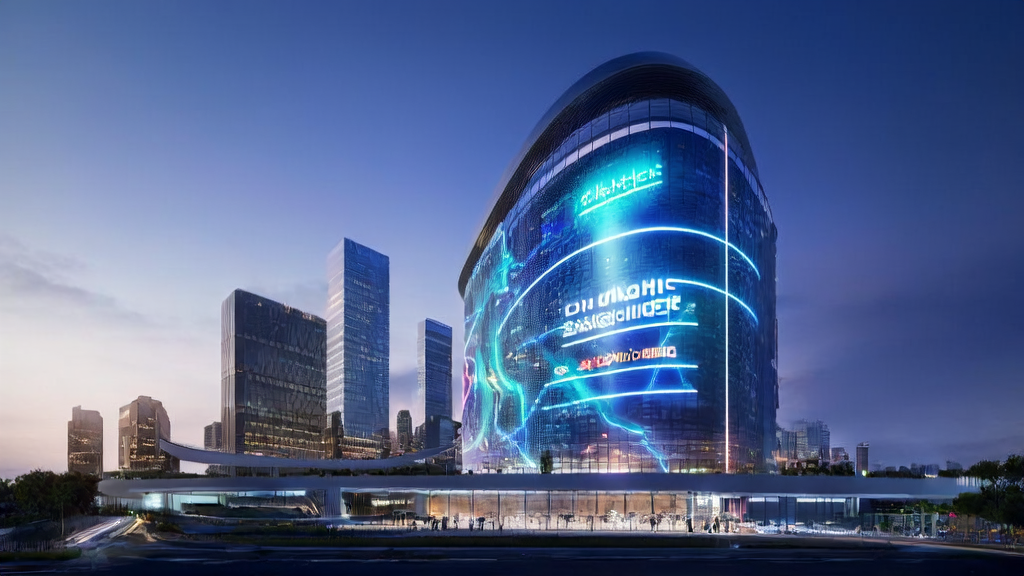 未来城市天际线中的外贸企业大厦，展示DeepSeek位居2025年用户增速最快的亿级APP榜首