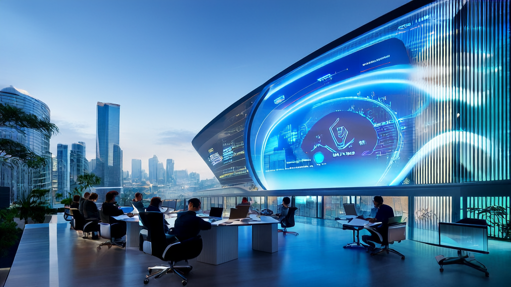 未来城市天际线中的现代化办公楼，展示Sora by OpenAI广告，跨境电商企业员工讨论AI精准获客策略。