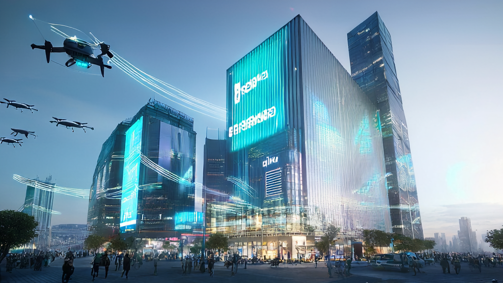 未来城市天际线中展示2025年AI优化广告投放的场景