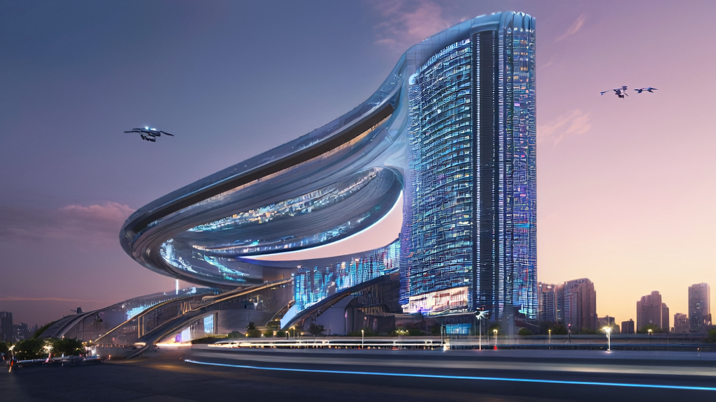 未来城市天际线中的高科技大厦展示AI优化广告投放数据,无人驾驶汽车和智能设备遍布街头巷尾,无人机群执行精准营销任务。