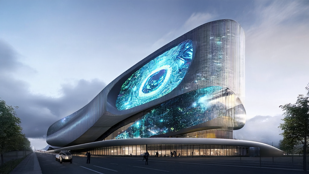 Future city skyline showcasing AI advertising and smart home technology applications