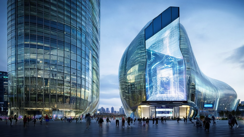 A futuristic city skyline with AI-driven advertising screens powered by the Apple M5 chip, showcasing targeted ads in real-time and blending technology with daily life