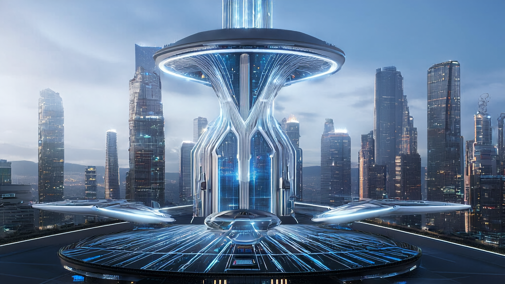 A futuristic cityscape with AI robots and Tesla Robotaxi showcasing the new trends in cross-border e-commerce in 2025