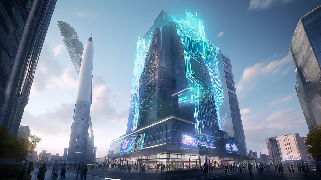 A futuristic city skyline showcasing AI technology and SpaceX investment in targeted advertising