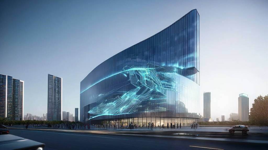 2025年未来城市的独立站办公楼，楼顶悬浮着特斯拉AI芯片模型，无人驾驶汽车和智能设备展示AI技术的影响