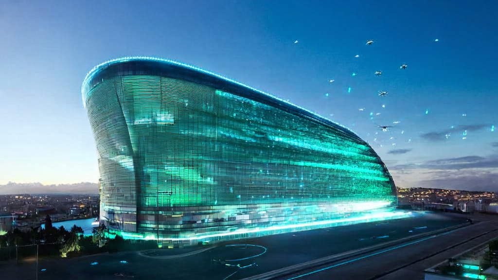 未来城市中的微软AI数据中心，展示高效数据处理和客户预测模型的应用