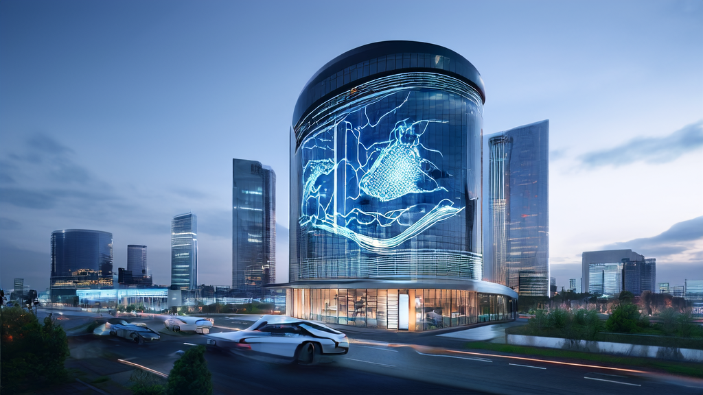 A futuristic city skyline showcasing AI-driven cross-border commerce and smart driving technology applications