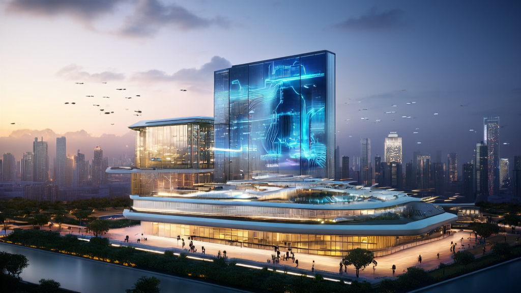 A futuristic trade company building with AI-driven robots and staff using Ovis-U1 for precise customer acquisition and data analysis.