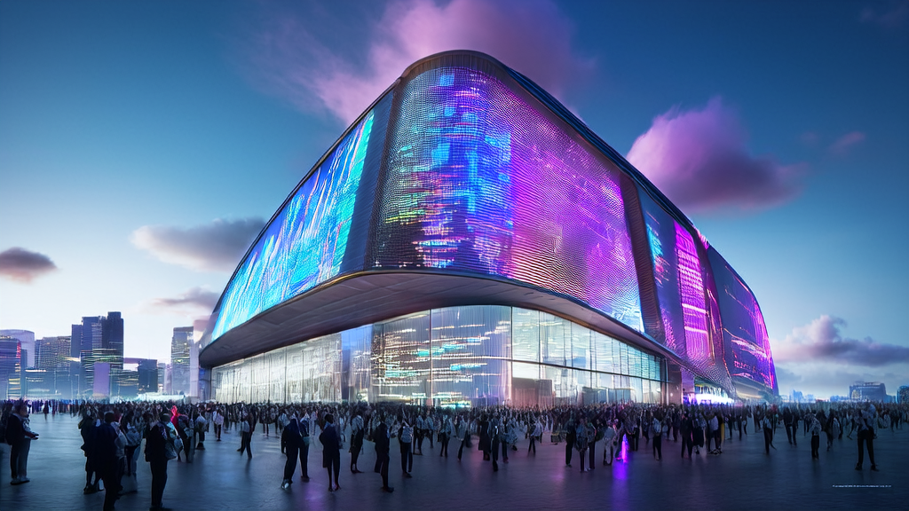 Modern independent station building in a futuristic city skyline, showcasing AI keyword optimization data streams and tech personnel discussion