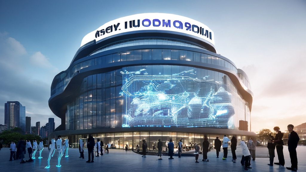 Future city skyline showcasing the AI Marketing Center with interactive screens and robot assistants