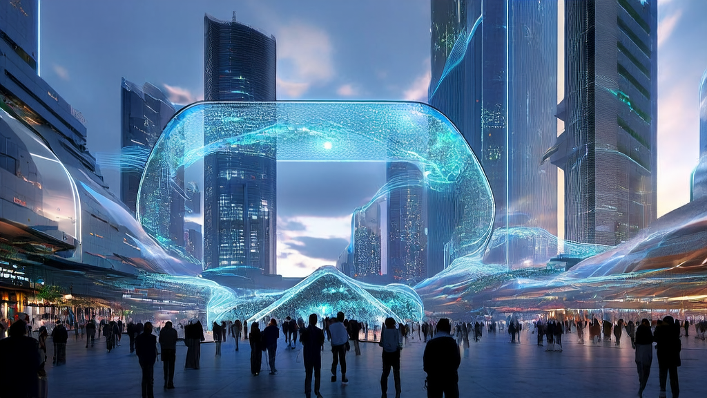 A futuristic city skyline with the M2.1 AI model floating in the air, people interacting with ads via smart devices, showcasing the new era of AI-optimized advertising in 2025.