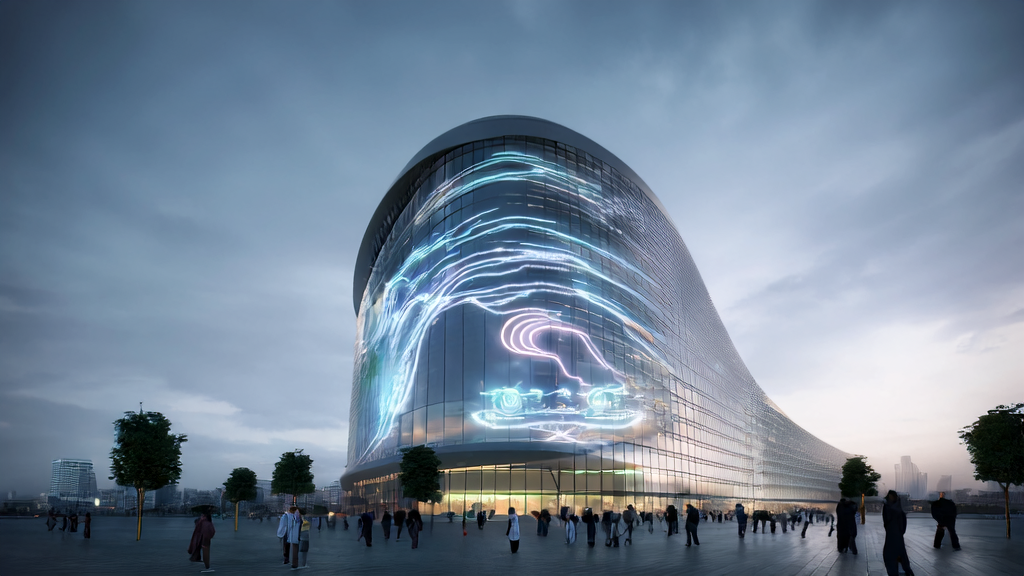 未来城市的天际线，高科技大厦展示AI优化广告投放，人们通过智能设备体验个性化广告推荐