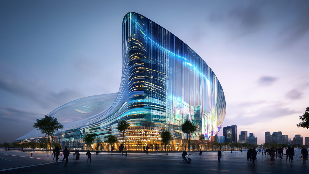 未来城市的天际线中，高楼大厦通过AI优化广告投放，实现精准营销。