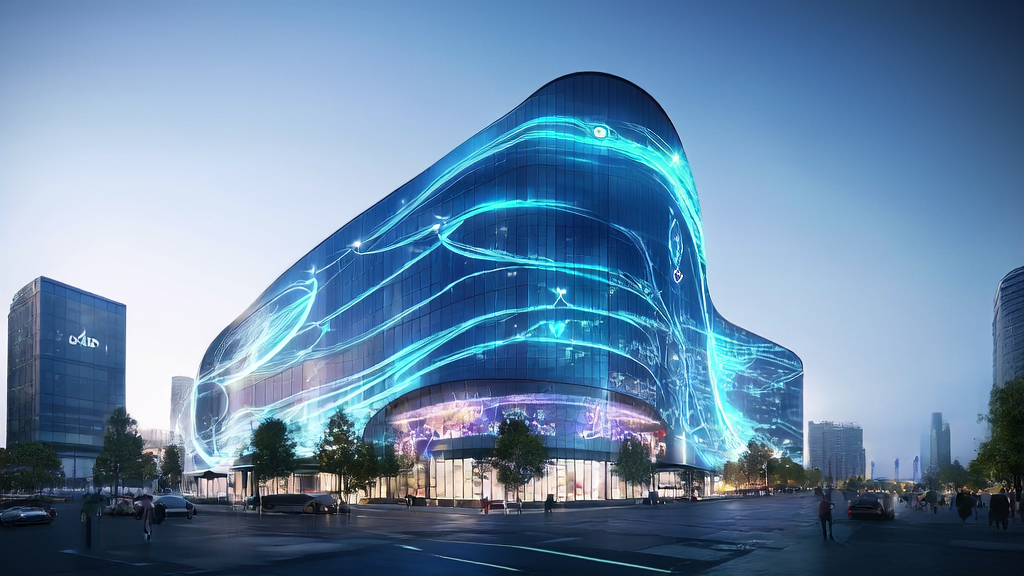 A modern independent station office building in a futuristic city skyline, showcasing the application of AI technology in customer acquisition