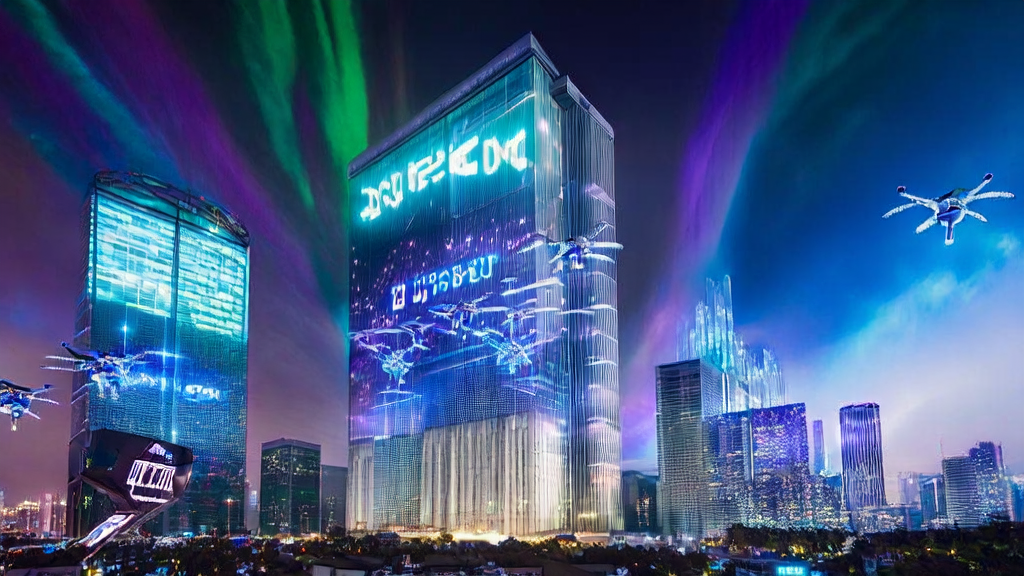 未来城市的天际线中，跨境电商大楼前的巨大AI机器人和穿梭的无人机展示了2025年AI获客的新趋势。