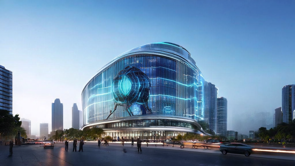 未来城市的天际线中,现代化的独立站办公楼前有一个巨大的AI机器人雕塑,象征着AI技术的支持和全球市场的活力。