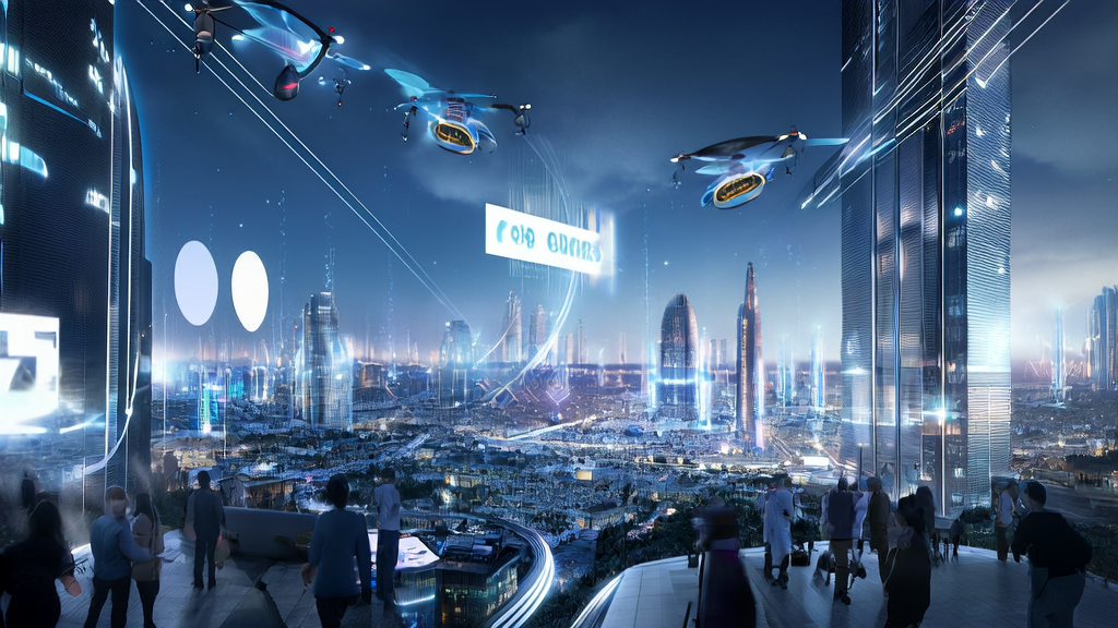 A futuristic city showcasing AI applications, featuring Microsoft Azure and Google data centers, with people interacting with smart devices