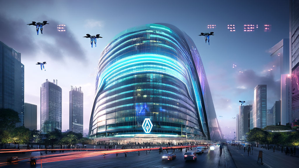 未来城市的高科技景象，展示AI技术在客户获取中的应用