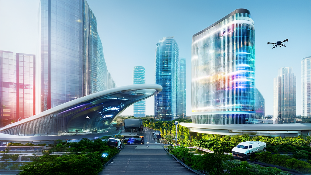 Application of AI technology in a futuristic city: An export company uses AI assistants to process global orders, with robotic production lines operating efficiently in the factory