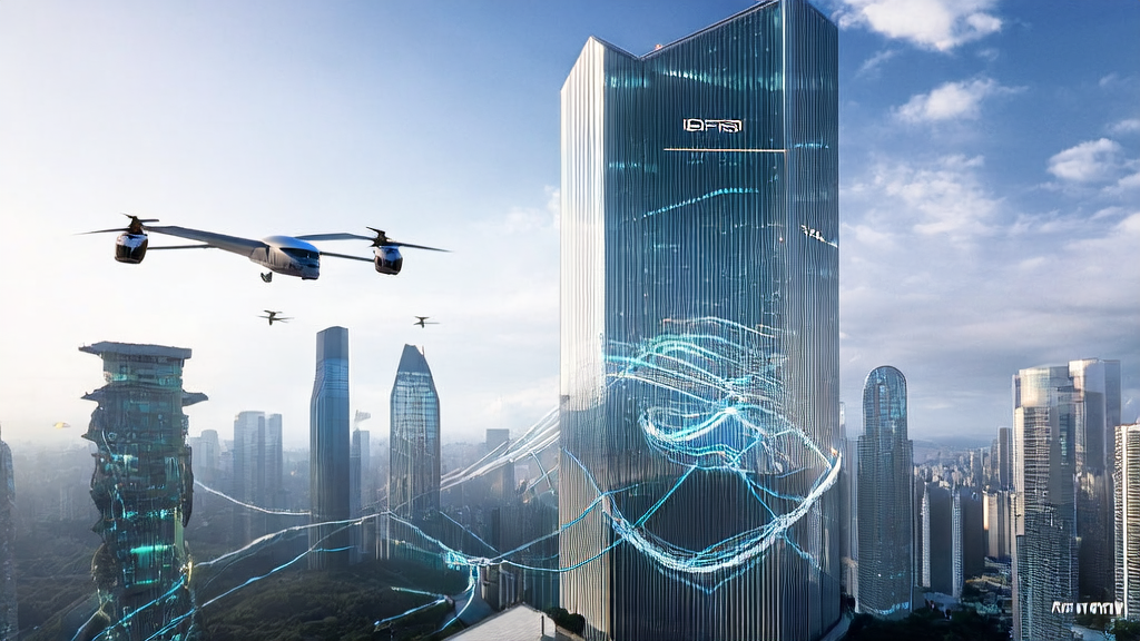 In a high-tech skyscraper in the future city, a cross-border e-commerce team uses AI tools for data analysis and strategy optimization