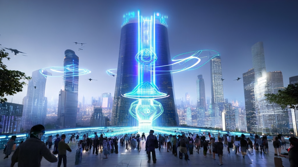 未来城市的天际线，展示AI技术在日常生活中的应用