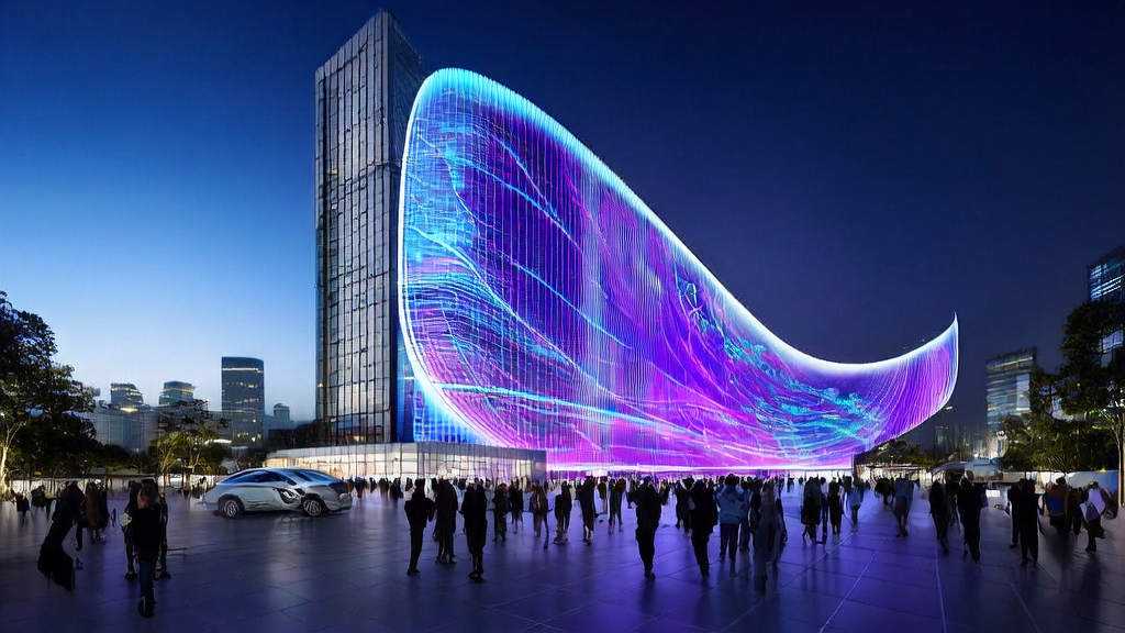 未来城市的高科技大厦展示了小米发布的具身大模型MiMo-Embodied，人们讨论如何通过AI优化广告投放和实现低成本高效获客。