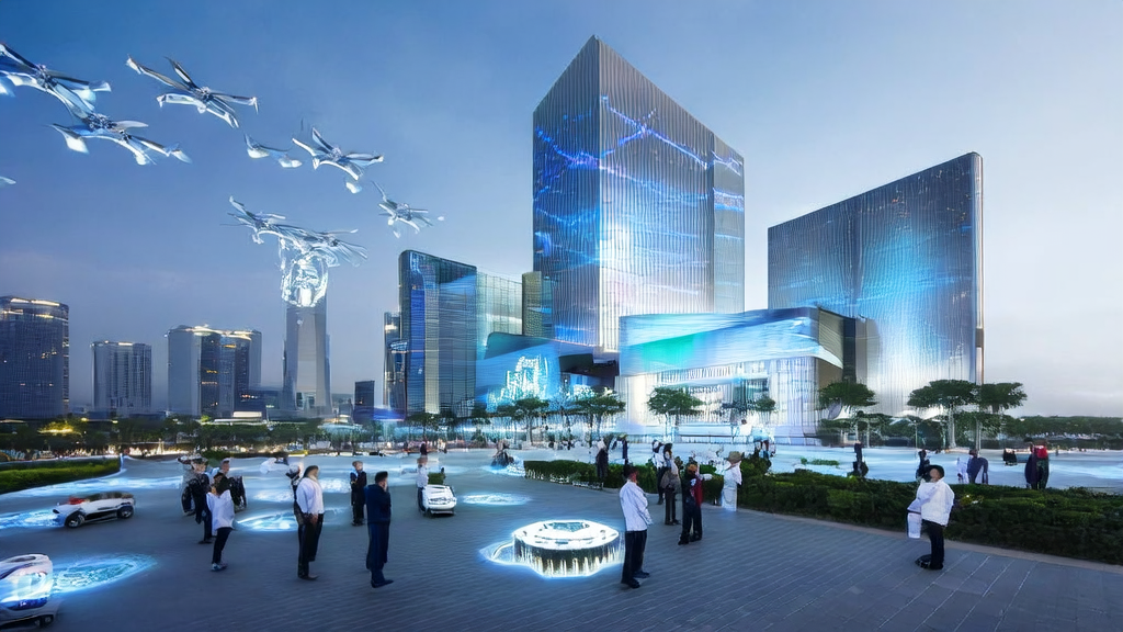 未来城市天际线，京东南京研发中心大楼，无人驾驶汽车和无人机象征AI技术的应用