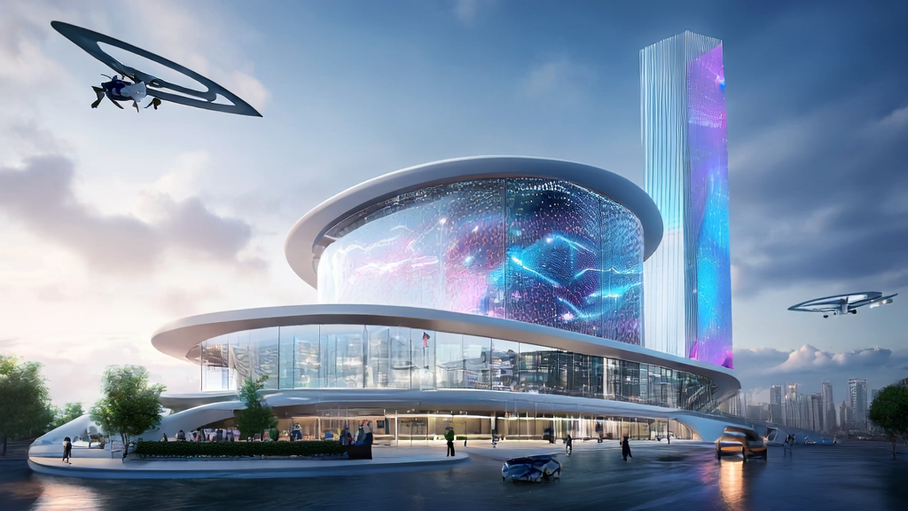 未来城市中的现代化办公楼，象征着AI技术的无限潜力