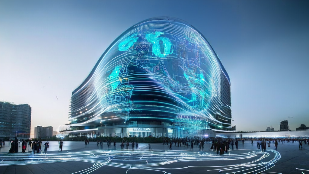 未来城市的高科技大厦展示AI预测模型和数据流，周围是跨境电商企业的标识和繁忙的无人机物流系统