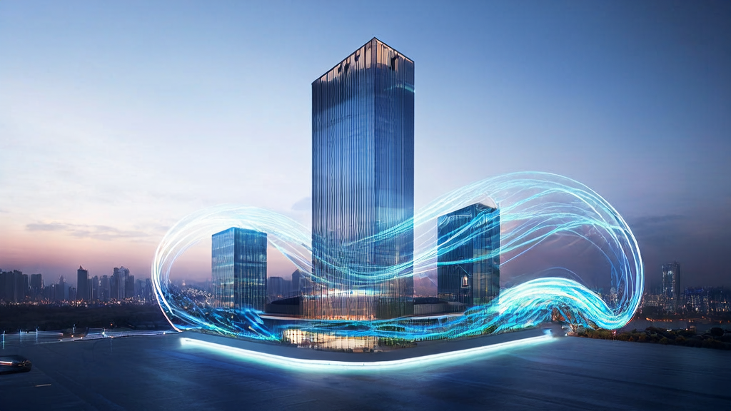 A futuristic city skyline featuring an independent station building surrounded by blue beams and data streams representing AI technology, showcasing the launch of DeepSeek's latest models V3.2 and Speciale.