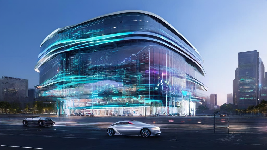 A futuristic cityscape featuring an independent station office showcasing AI applications like keyword optimization, content generation, and the Gen-4.5 video generation model