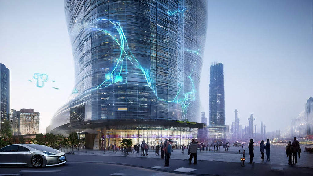 未来城市天际线中的现代化办公大楼,展示了AI技术和ODRA在跨境电商与B2B市场的应用