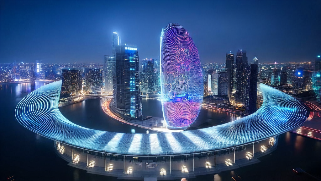 Foreign trade company utilizing AI technology for efficient customer acquisition in a futuristic cityscape