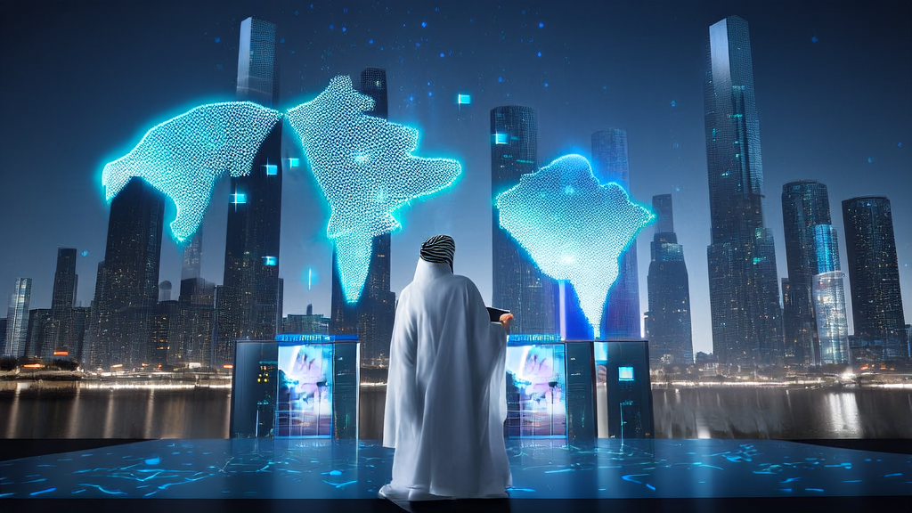 A futuristic city skyline showcasing AI acquisition activities in the Middle East and the use of Qwen-Image-Layered tool