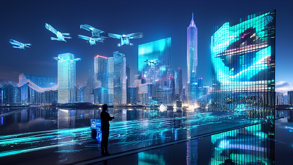 未来城市天际线展示2025年AI获客新趋势，跨境电商企业家通过智能设备与全球客户互动，无人机运送多语言营销材料