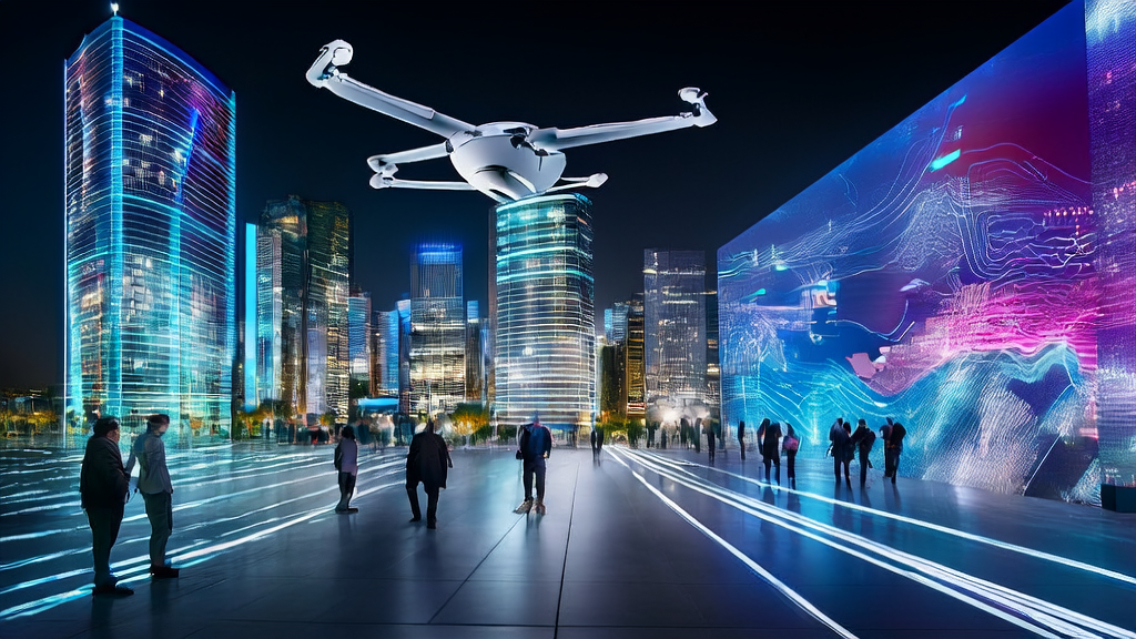 Night scene of a futuristic city where trade companies use AI for global video conferences and precise customer acquisition