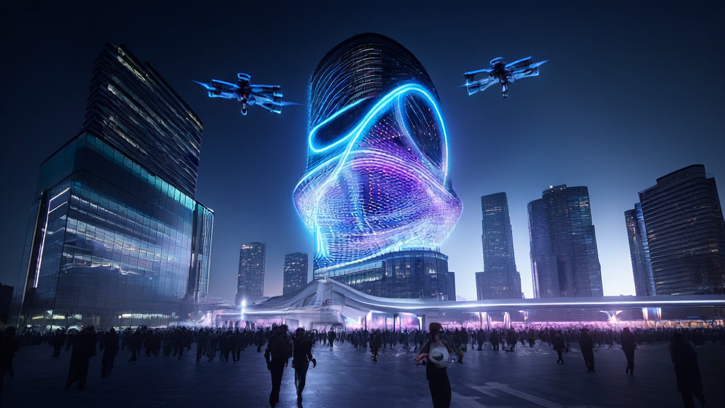 Night scene of a futuristic city with skyscrapers and a glowing Liquid AI icon, pedestrians interacting with AI via smart devices, and cross-border e-commerce drones delivering packages in the sky