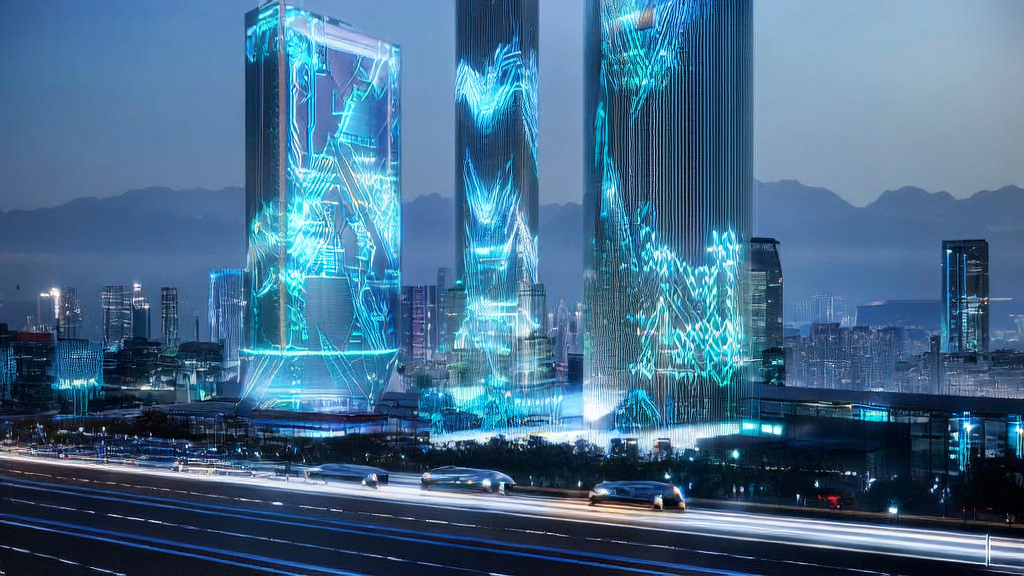 Future city skyline with NVIDIA Alpamayo-R1 model and self-driving cars showcasing AI technology in advertising placement