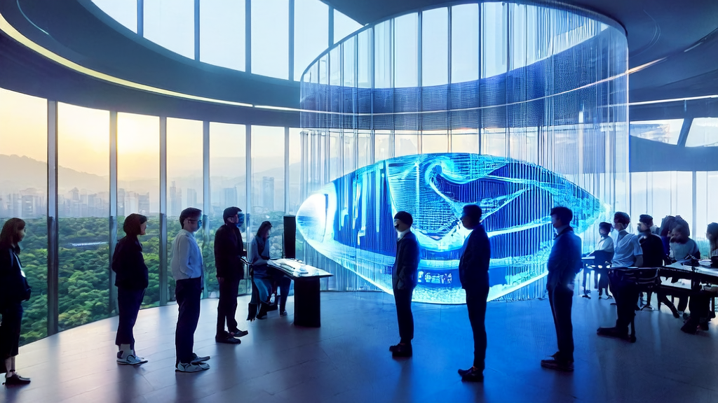 A futuristic city skyline with a modern office building showcasing the Orion AI Engine logo, where entrepreneurs inside discuss AI-driven acquisition strategies for cross-border commerce