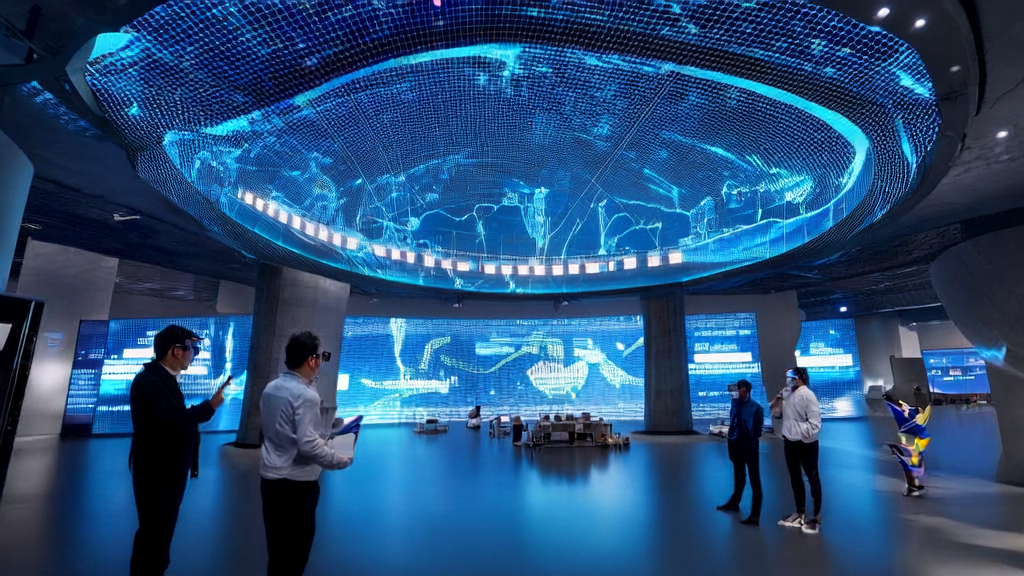 Future cross-border commerce control center showcasing global maps and real-time data streams, with employees interacting with customers via smart terminals