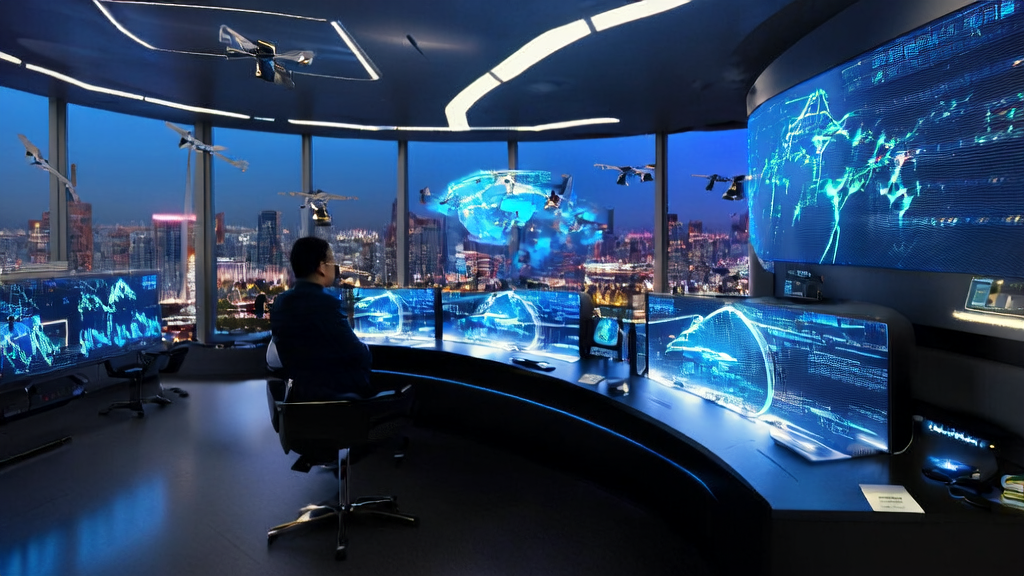 未来跨境电商办公室中，数据分析师利用AI技术进行个性化营销和数据分析