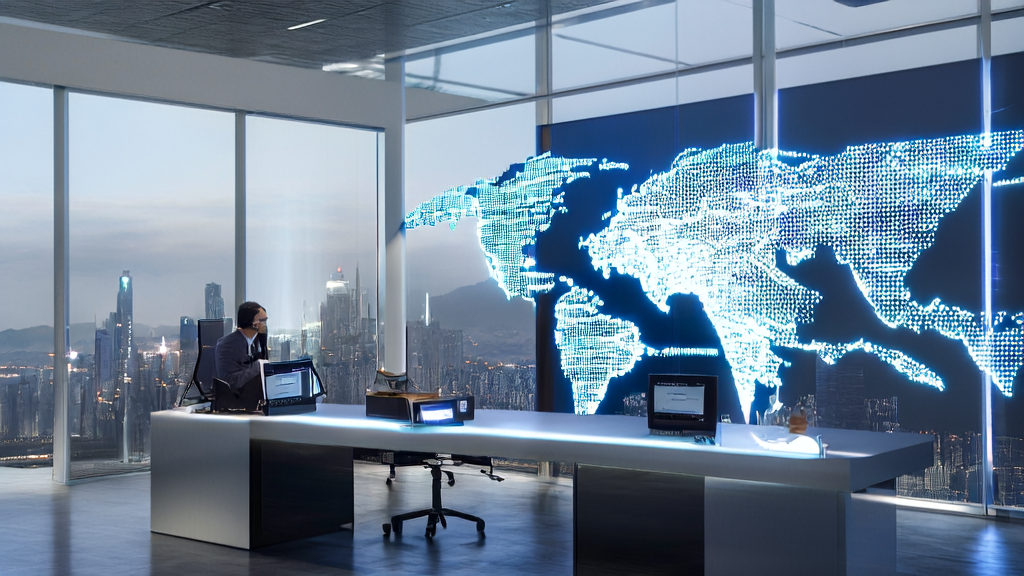 未来跨境电商办公室内景，员工使用Sonic-3语音AI引擎与全球客户沟通，背景为全球化商业网络