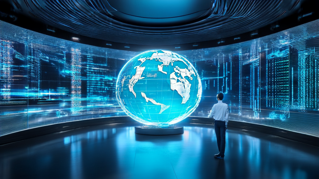 Future cross-border e-commerce control room with global market data and AI assistant interaction