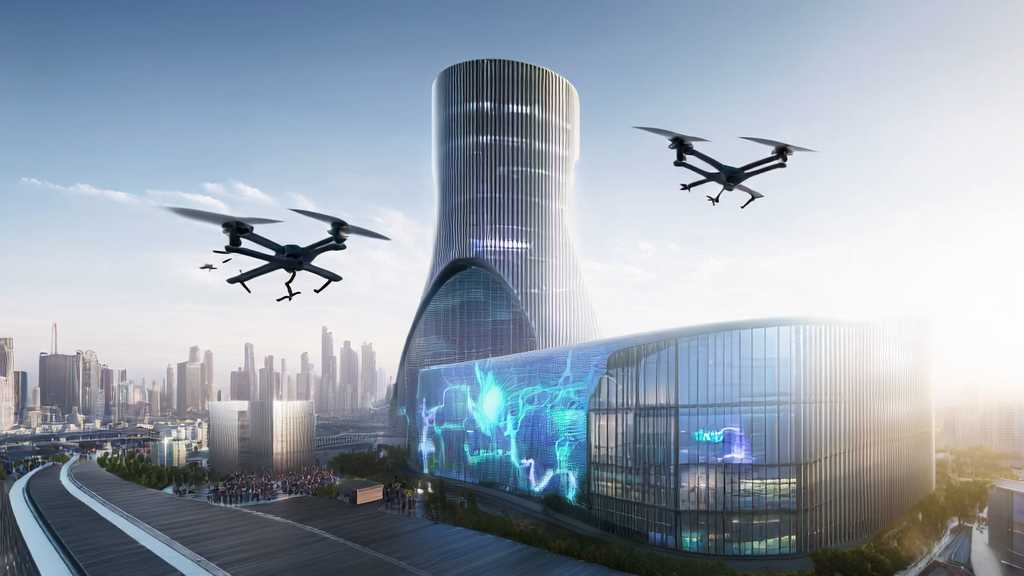 A futuristic cross-border e-commerce office building where employees use AI tools to process global orders, with drones transporting packages in the air, showcasing the application of AI technology.