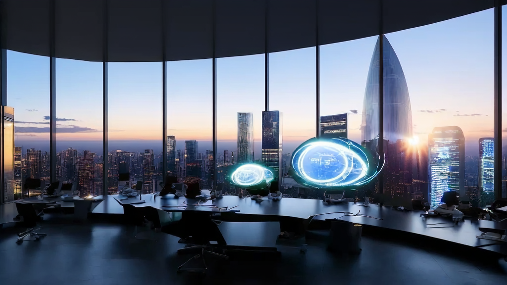 未来跨境电商办公室内的员工使用AI预测模型和Willow量子芯片分析客户数据