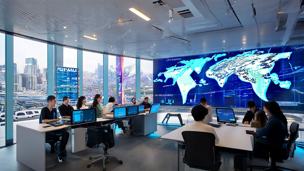 未来跨境电商办公室，员工使用AI技术优化广告投放