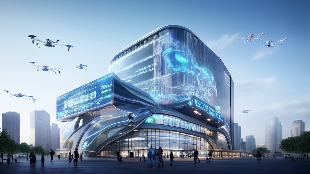 未来跨境电商AI获客新战略:展示现代化独立站办公楼与AI机器人的互动场景